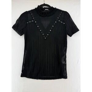 Zara Trafaluc Black Sheer Striped Lace Studded Ruffle Neck‎ Top Medium